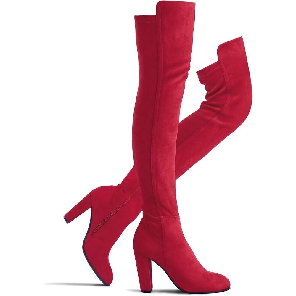 Women Red Faux Suede Chunky Heel Stretch Over The Knee Thigh High Long Boot